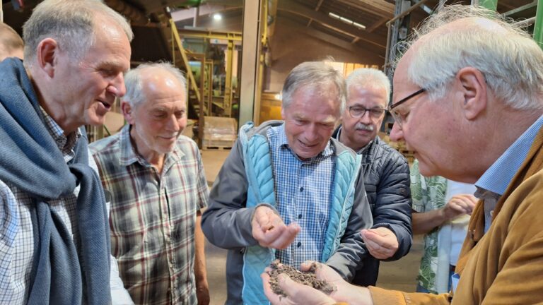 Fünf Männer schauen sich Granulat an