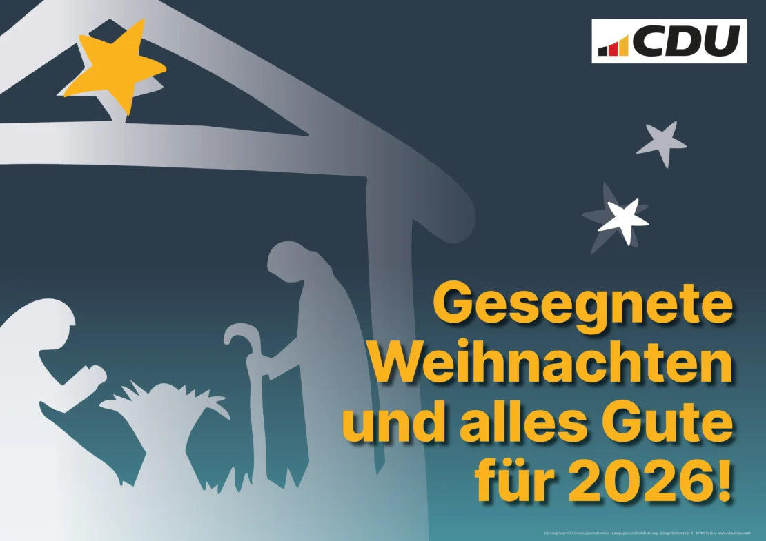 Eine stilisierte Zeichnung einer Weihnachtskrippe. Dazu der Spruch: Gesegnete Weihnachten und alles Gute für 2026!