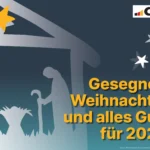 Eine stilisierte Zeichnung einer Weihnachtskrippe. Dazu der Spruch: Gesegnete Weihnachten und alles Gute für 2026!